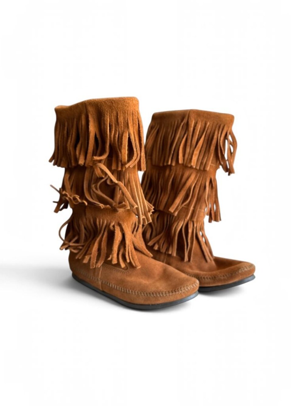 Womens Minnetonka 3-Layer Fringe Boot - Brown - Size 8